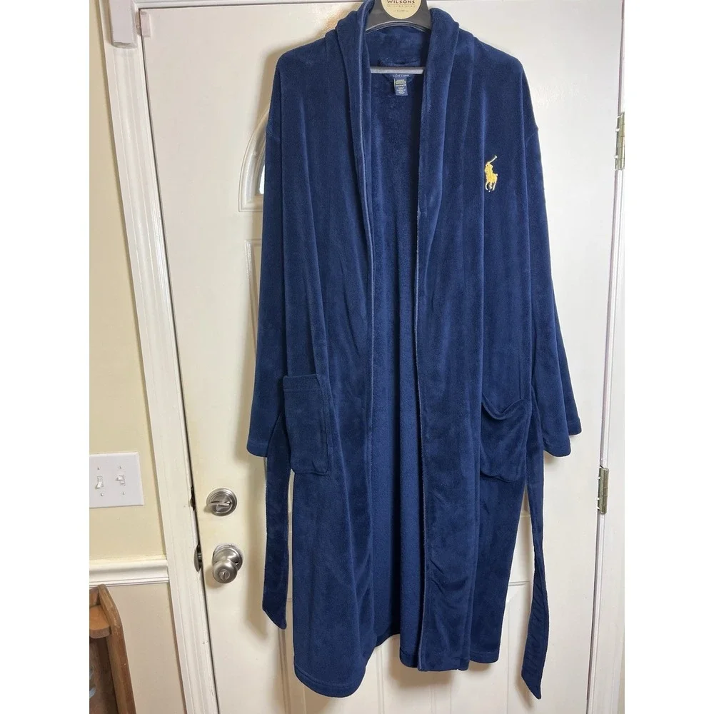 Ralph Lauren Bath Robe Big Polo Pony Plush Velour Navy Blue Size S/M